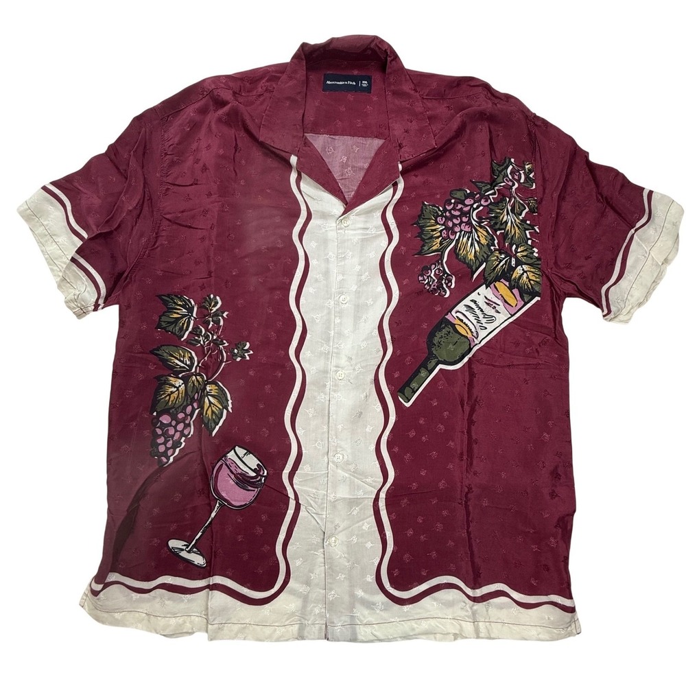 Abercrombie & Fitch Wine Graphic Camp CollarShirt XXL Burgundy Jacquard 12552586